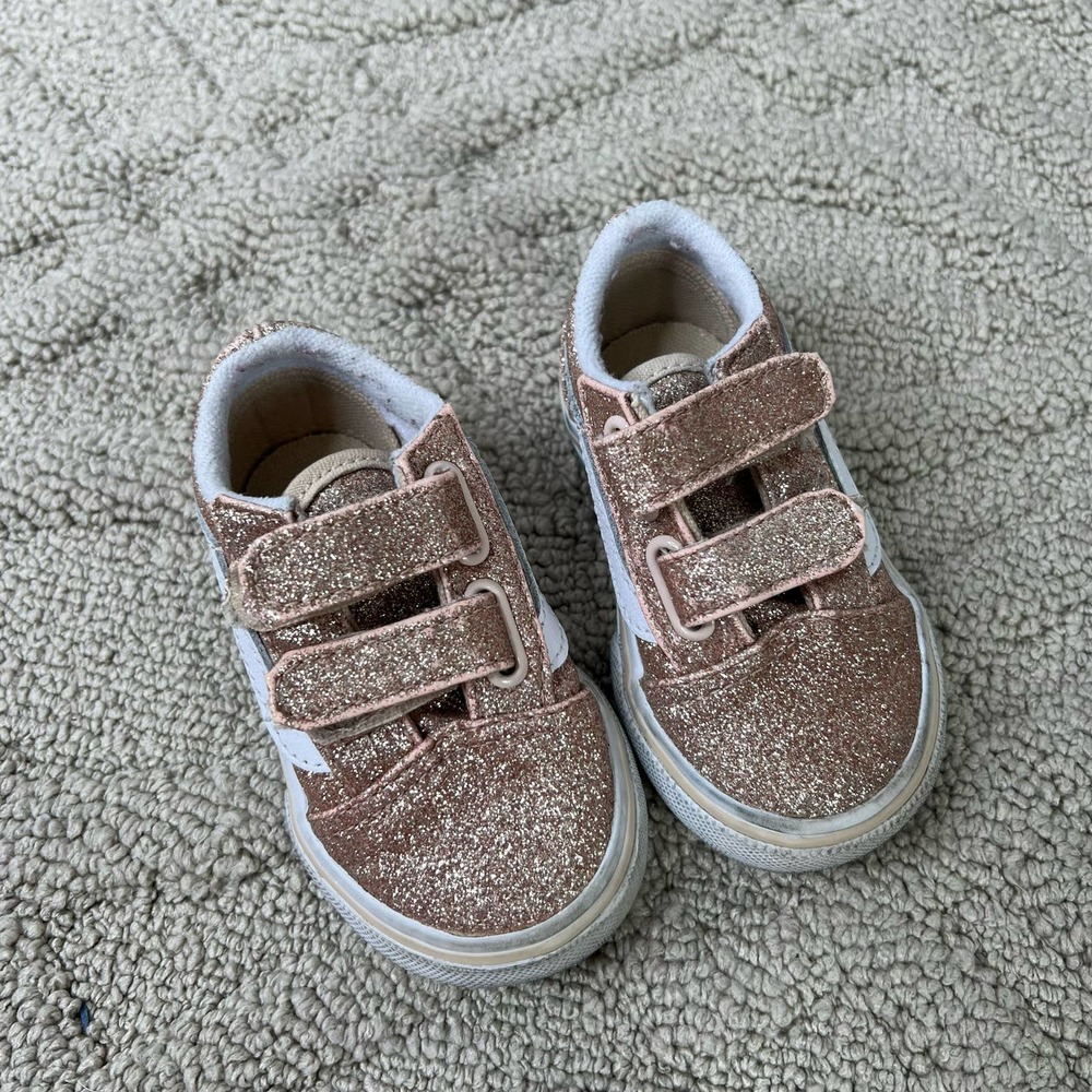Vans Toddler Old Skool Glitter Rose Gold Velcro Closure Hard Bottom Sneakers 4